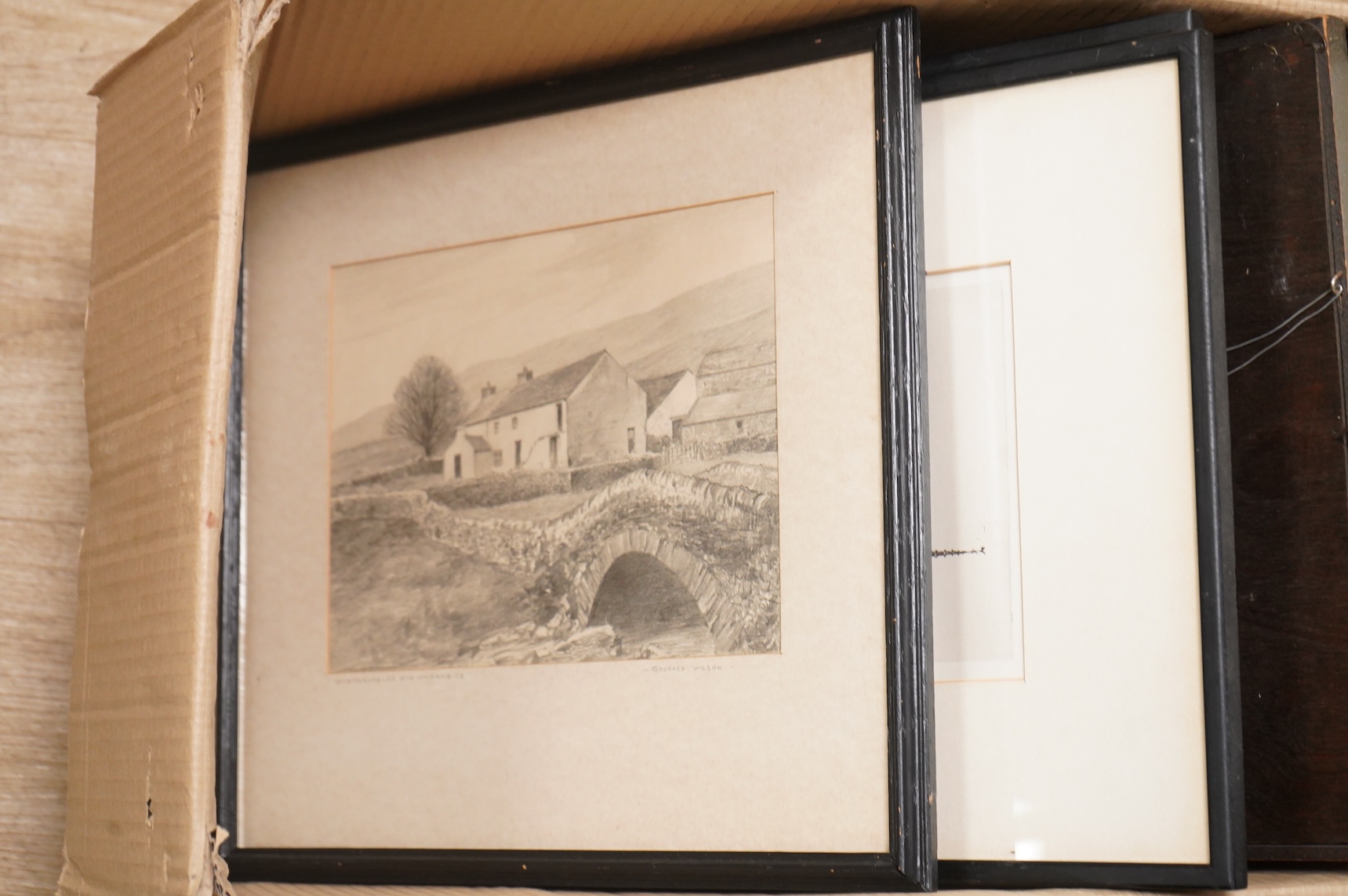 A collection of etchings and prints to include examples by C. Martyn, The Cat and Fiddle Inn, New Forest and a pair of etchings by Jackie Simpson, Graduation Hall, Narishal College, Aberdeen together with two pencil sket